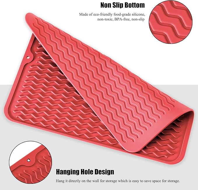 Silicone Dish Drying Mat, Non-Slip Easy Clean Sink Mat Large Heat-resistant Dish Drainer Mat for Kitchen Counter, Sink, Refrigerator or Drawer liner (16" x 12", RED) - Image 4