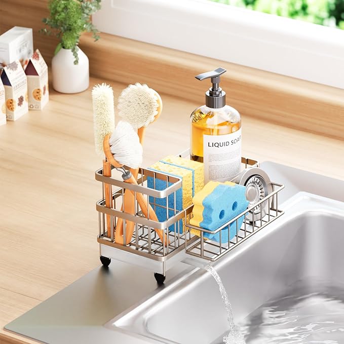 Consumest Sponge Holder for Kitchen Sink - Auto Draining Sink Caddy Organizer with Detachable Rack, High Brush Holder, Kitchen Countertop Storage Accessories, Sand Nickel - Image 8