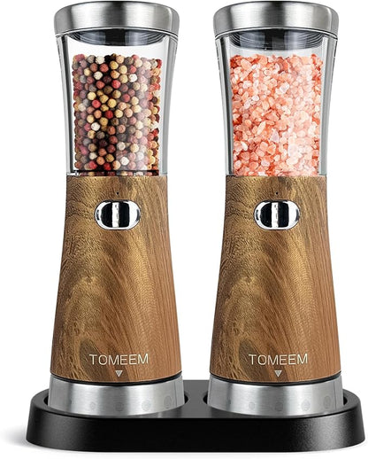 Electric Salt and Pepper Grinder Set with Storage Base, Stainless Steel Rechargeable Salt and Pepper Grinder Set with 4.5 oz Large Capacity, 1.8" Wide Mouth, Adjustable Coarseness, Ideal for Kitchen by Tomeem