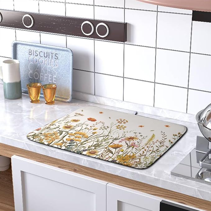 Fall Floral Dish Drying Mat for Kitchen Counter Autumn Burnt Orange Wild Flowers Dish Draining Mat Absorbent Microfiber Dishes Pad Washable Dish Drainer Rack Mat Medium 16"x18" - Image 5