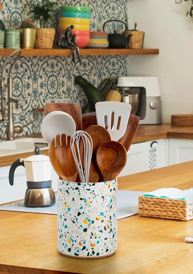 Nucookery Utensil Holder, 6.4" Ceramic Kitchen Utensil Holder for Countertop with Protection Cork Bottom, Vintage Farmhouse Kitchen Decor for Counter, Gift (Marble Pattern) - Image 6