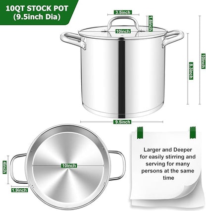 TeamFar 10QT Stock Pot, Stainless Steel Large Soup Cooking Pot & Lid with Tri-ply Bottom for Cooking/Boiling/Stewing, for Induction/Gas/Ceramic, Healthy & Heavy-Duty, Riveted Handles & Dishwasher Safe - Image 2