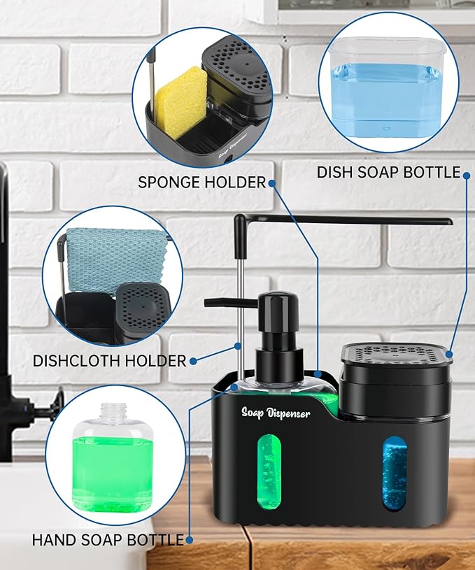 Hand Soap and Dish Soap Dispenser Set for Kitchen, Dual Soap Dispenser with Sponge Holder and Dishcloth Holder 4-in-1 Organizer for Kitchen Sink Countertop, Useful Kitchen Gadgets (Black) - Image 3