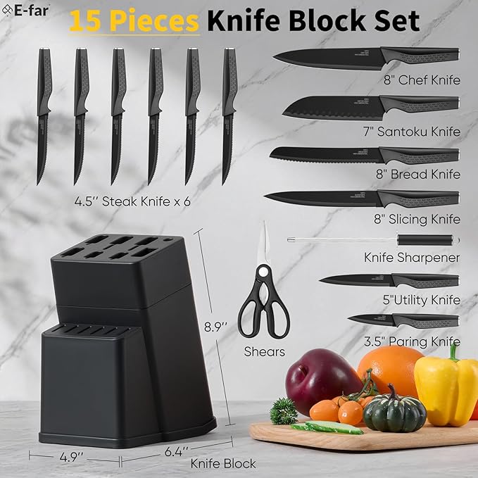 E-far Knife Set, 15-Piece Kitchen Knife Block Set with Sharpener, High Carbon Steel Chef Paring Steak Knives with Ergonomic Non-Slip Handle, Anti-Rust & Razor Sharp, Black - Image 2