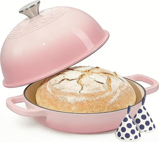 Cast Iron Dutch Oven Pot with Lid, Round Bread Oven for Sourdough Bread Baking, Umite Chef Enameled Cast Iron Bread Oven with Dome Lid & Cotton Potholders for Sourdough, Pink, 6 Quarts by UmiteChef