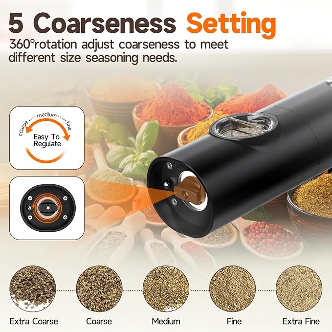 Electric Salt and Pepper Grinder Set (2 Pack), USB Rechargeable One Hand Operation, Adjustable Coarseness Mill Grinders Shakers LED Light, Automatic Pepper Grinder for Kitchen Gadgets Gifts - Image 4