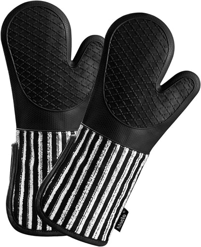 Alselo Silicone Oven Mitts Heat Resistant 932℉ with Waterproof & Non-Slip Kitchen Mittens, Set of 2 Extra Long Oven Gloves with Soft Cotton Terry Lining for Baking Cooking Barbecue (2, Black Mitts) by Alselo-Enjoyahealthylife