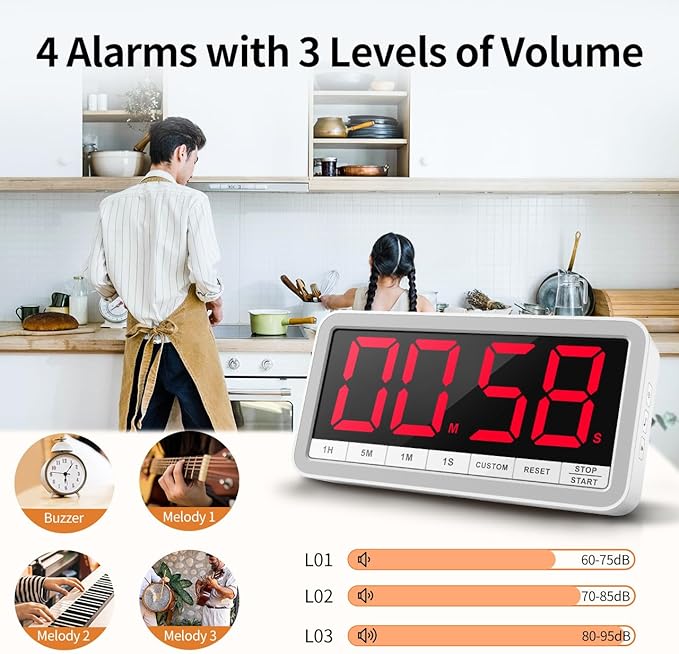 VOCOO Digital Kitchen Timer with 7.8” Extra Large Display, Magnetic, LED with 3 Brightness, 4 Alarms and 3 Volume Levels, Battery Countdown Count Up Timer for Cooking, Classroom, Home Gym (White) - Image 4