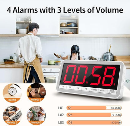 VOCOO Digital Kitchen Timer with 7.8” Extra Large Display, Magnetic, LED with 3 Brightness, 4 Alarms and 3 Volume Levels, Battery Countdown Count Up Timer for Cooking, Classroom, Home Gym (White) - Image 4