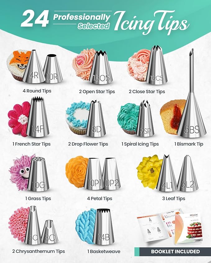 RFAQK 90PCs Cake Decorating Kit with Leveler, Baking Supplies Gift Includes Cake Stand Turntable, 24 Numbered Icing Tips, 55+1 Piping Bags, 2 Frosting Spatulas, 3 Scrappers, Video Course & Booklet - Image 4