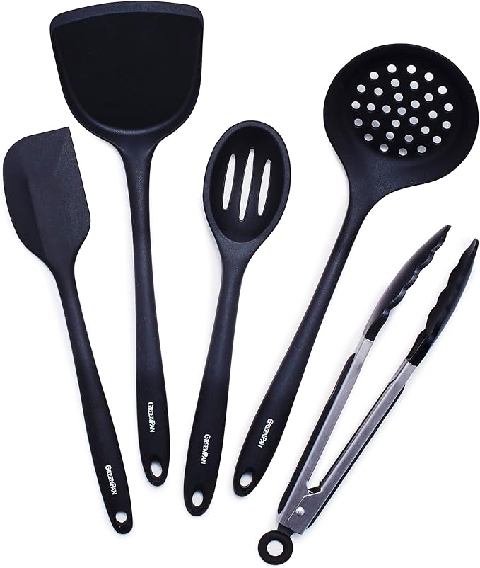 GreenPan 5 Piece Cooking Utensil Set, Flexible Nonstick Silicone, Stain-Free, Tongs, Turner, Spatula, Skimmer, and Slotted Spoon, Black by GreenPan