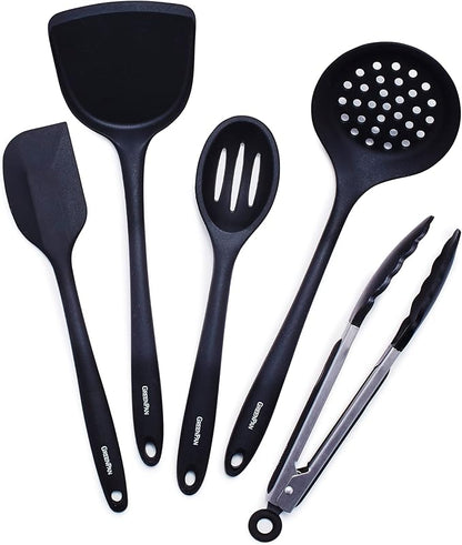 GreenPan 5 Piece Cooking Utensil Set, Flexible Nonstick Silicone, Stain-Free, Tongs, Turner, Spatula, Skimmer, and Slotted Spoon, Black by GreenPan