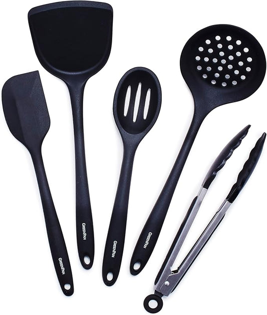 GreenPan 5 Piece Cooking Utensil Set, Flexible Nonstick Silicone, Stain-Free, Tongs, Turner, Spatula, Skimmer, and Slotted Spoon, Black by GreenPan