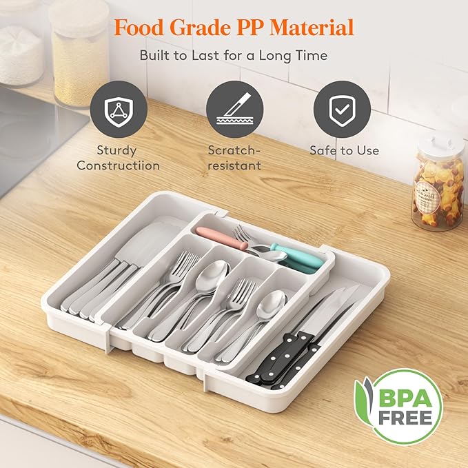 Lifewit Silverware Drawer Organizer, Expandable Utensil Tray for Kitchen, BPA Free Flatware and Cutlery Holder, Adjustable Plastic Storage for Spoons Forks Knives, 8.9-14.7 x 12.2", White - Image 6