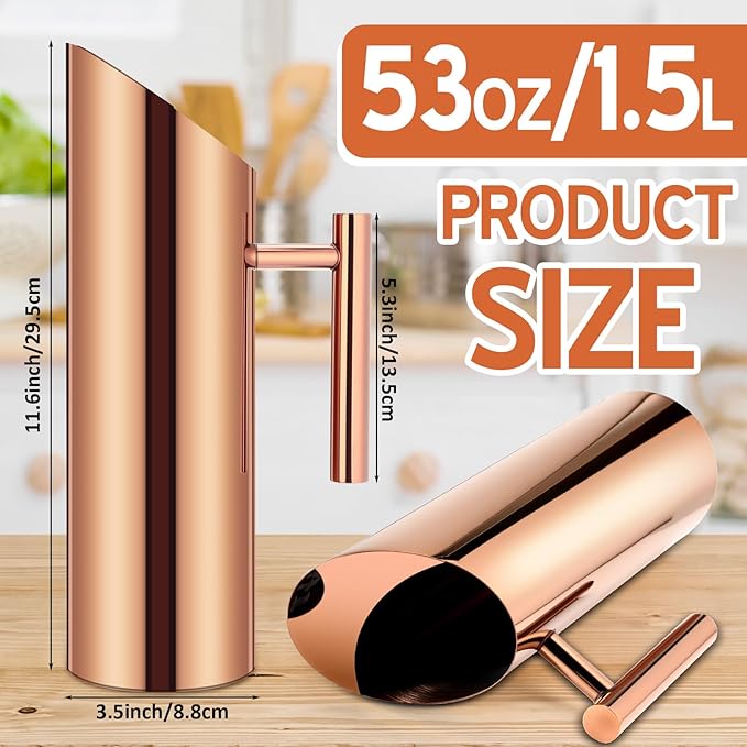 Funnymoom 3 Pack 53oz/1.5l Stainless Steel Water Pitcher Modern Metal Pitcher with Ice Guard Silver Carafe Drink with Handle or Iced Hot Drink Tea Juice Coffee Beer (Rose Gold) - Image 2