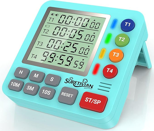 Digital Kitchen Timer for Cooking - 4 Channel Count Up Countdown Timer with Loud Alarm and Silent Mode, Large Display, Magnetic Back, Auto Memory for Classroom Study Gym, Battery Included (Mint Green) by SURETIVIAN