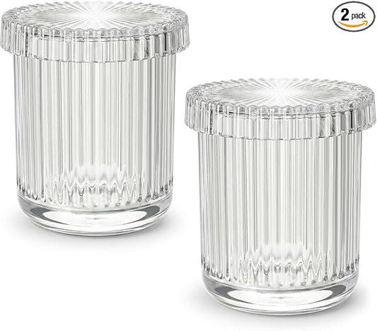 2 Pack Glass Qtip Holder Dispenser - Bathroom Organizers and Storage, Clear Apothecary Jars Set, Bathroom Essentials Accessories Decor, Vanity Makeup Storage Organizer (Clear)