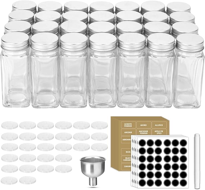 Antimbee 28 Pcs Clear Glass Spice Jars,3.5 oz Glass spice jar with 324 labels, Funnel,Chalk Pen,Shaker Lids and Airtight Metal Caps, Empty Square Spice Bottles for Spice Rack, Cabinet, Drawer - Image 7