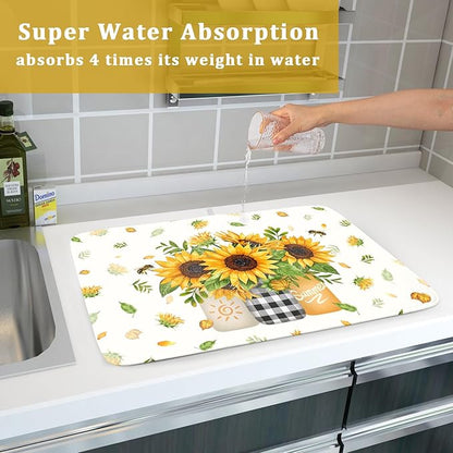 Giwawa Sunflower Vases Dish Drying Mat for Countertop, 18"x24" Summer Bee Floral Mason Jar Dish Drainer Mats, Fast Dry Microfiber Reversible Large Dish Drying Pad Kitchen Decoration
