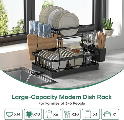 2 Tier Dish Rack, Carbon Steel Dish Drying Rack for Kitchen Organization & Storage, Countertop / Sink Dish Rack with Automatic Drain Tray, Large Capacity Black Dish Rack - Essential Home Kitchen Item