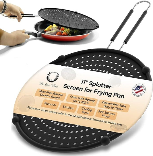 Splatter Screen for Frying Pan | USA Brand | 11-Inch Black, Fit Pans (6" to 11") Silicone Grease Splatter Guard for Frying Pan and Stove by Beckon Ware by BeckonWare