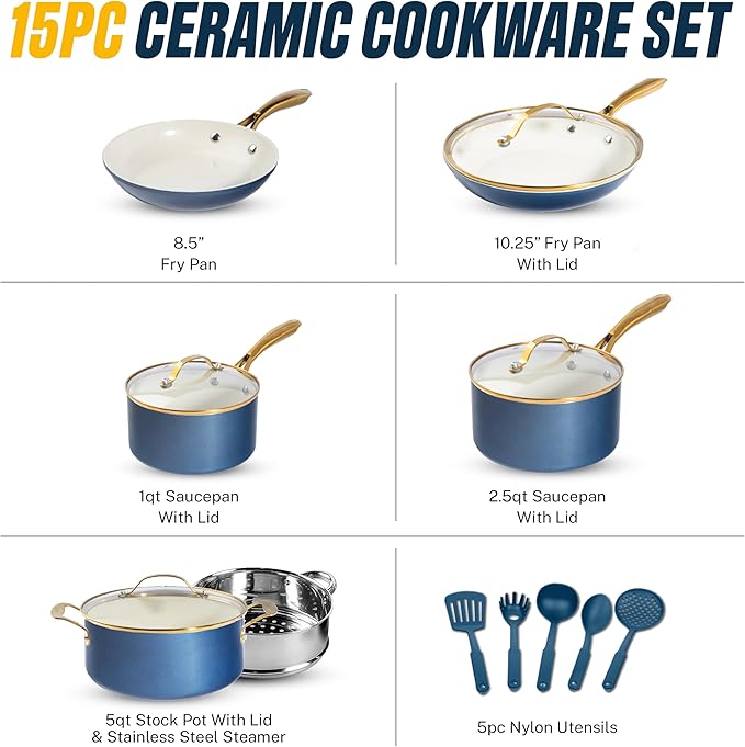 Gotham Steel 15 Pc Ceramic Pots and Pans Set Non Stick, Kitchen Cookware Sets, Pot and Pan Set, Ceramic Cookware Set, Non Toxic Cookware Set, Non Stick Pots and Pan Set, Dishwasher Safe - Navy - Image 2