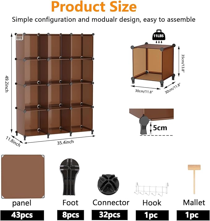 AWTATOS Cube Storage Organizer, Storage Cubes Shelves Bookshelf, 12 Cube Closet Organizers and Storage, DIY Stackable Plastic Clothes Organizer Shelving for Bedroom, Home, Cocoa Brown - Image 3