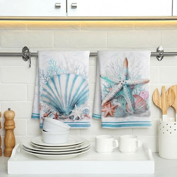 Jingmore 6 Pcs Kitchen Decor Set Accessorie Farmhouse Kitchen Towels Pot Holders and Oven Mitts Set 2 Dish Towels 2 Pot Holders 2 Cooking Mitten Oven Glove for Cooking(Blue,Coastal Starfish Shells) - Image 2