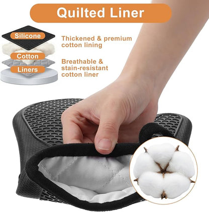 6 Pcs Oven Mitts and Pot Holders Sets for Kitchen, Extra Long Silicone Oven Gloves High Heat Resistant 500 Degrees Non-Slip Potholders Hot Pads for Baking Cooking (Black) - Image 3