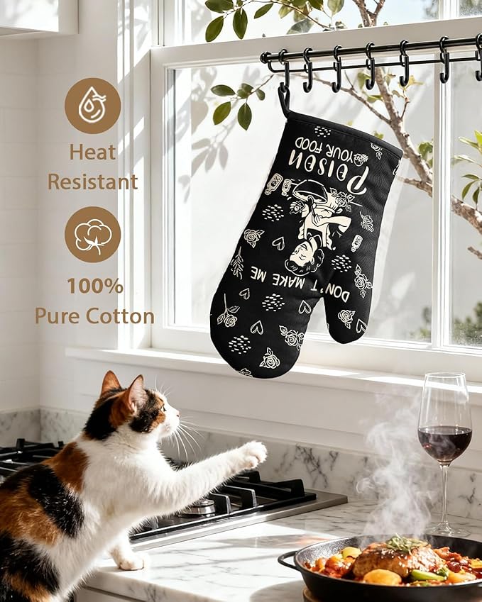 Slohif Funny Oven Mitts and Pot Holder for Women - Heat Resistant Black Cute Novelty Kitchen Oven Mittens 100% Cotton, Non-Slip Silicone Surface Pot Holder for Baking and Cooking Accessories