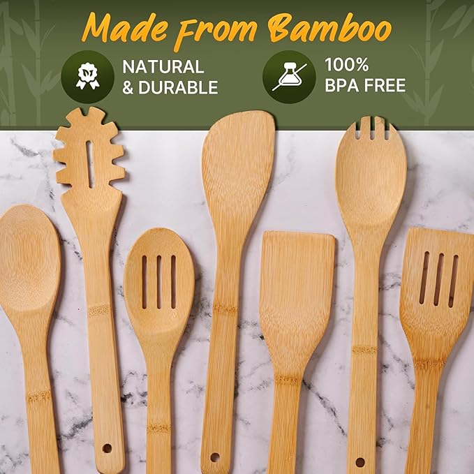 Wooden Utensil Set, Bamboo Utensils – 7 PCs Wood Spoons for Cooking, Easy to Clean, Sturdy, Lightweight & Heat Resistant - Image 5