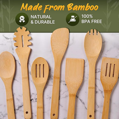 Wooden Utensil Set, Bamboo Utensils – 7 PCs Wood Spoons for Cooking, Easy to Clean, Sturdy, Lightweight & Heat Resistant - Image 5