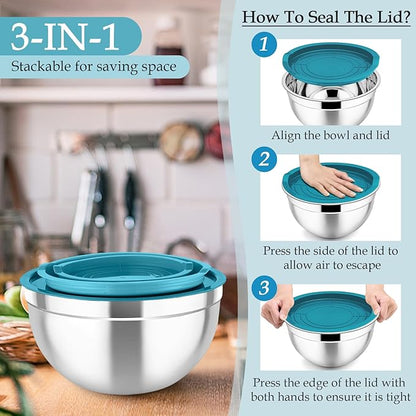 TeamFar Mixing Bowls, Stainless Steel Nesting Salad Bowls with Lids Set of 3 & 3 Grater Attachments, For Mixing/Serving/Storing, Non-toxic & Long-lasting, Size 4.6/3 / 1.5 QT, Navy Blue - Image 6