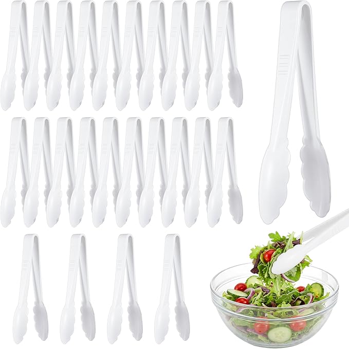 Tessco for you 25 Pcs Plastic Tongs for Serving Bulk, 9 Inch Plastic Disposable Serving Tongs, Heavy Duty Salad Tong for Kitchen, Buffet, BBQ, Events & Catering (White) by Tessco