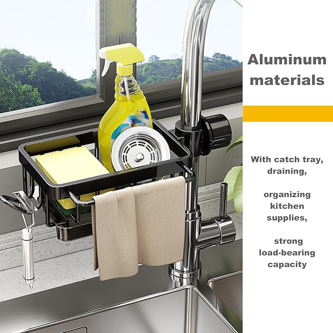 Sink Organizer Rack for Kitchen and Bathroom, 2025 New Stainless Steel Detachable Hanging Faucet Drain Rack with Drip Tray Faucet Sponge Holder for Bathroom, Scrubbers, Soap (Black, Left) - Image 2