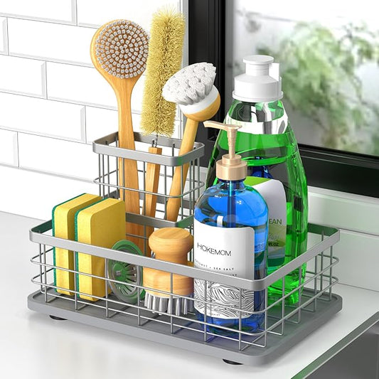 Kitchen Sink Caddy Organizer, [Stay-Dry Anywhere & No Drainage Needed] Sponge Holder for Kitchen Sink Countertop,Stainless Steel with Rust-Resistant Coating-10.24" L x 6.5" W x 5.83" H by HOKEMOM