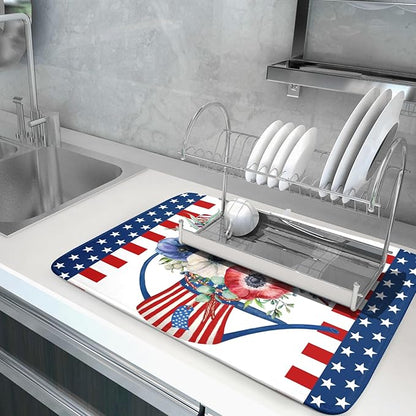 Patriotic American Flag Dish Drying Mat 18x24 Inch Spring Summer Flower 4th of July Memorial Kitchen Mats Vintage Absorbent Dishes Pad for Kitchen Counter Memorial Home Decorations for Countertops