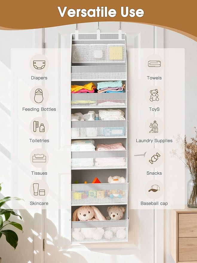 Criusia 2 Pack Over The Door Organizer, Heavy-Duty 6-Shelf Hanging Storage with 13 Mesh Pockets, 55lbs Capacity Behind The Door Storage for Nursery, Bathroom, Bedroom, and Dorm, Grey - Image 6