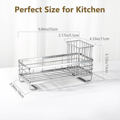Shinowa Kitchen Dish Soap Dispenser Set, 14OZ Glass Bottle with Rustproof 304 Stainless Steel Sponge Holder and Instant Dry Tray, Hand and Dish Soap Dispenser Set for Kitchen Sink Organizer, Silver