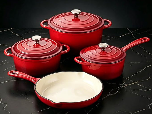 QuliMetal Enameled Cast Iron Cookware Set, 4-Piece Pots and Pans Set with Lids, 10.25" Skillet, 2QT Saucepan, 2.8QT & 4.8QT Dutch Ovens, Oven Safe to 500°F, All Stovetops Compatible - Rouge Red