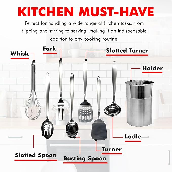 Chef Craft - 8 Piece Stainless Steel Kitchen Utensils Set with Utensil Holder - Image 4
