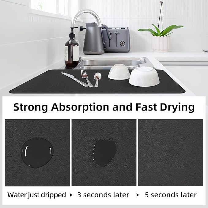 LOPNUR Kitchen Dish Drying Mat, 31.5"x17" Extra Large Dish Drying Mats for Kitchen Counter, Diatomite Coffee Mat Super Absorbent Dish Drying Pad, Heat Resistant Mat with Anti-slip Rubber Backed, Black - Image 3