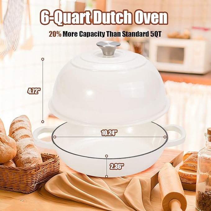 6QT Enameled Cast Iron Dutch Oven for Bread Baking – Sourdough Starter Kit with Cotton Basket, Bread Sling, Lame, Brush & Handle Cover – Multi-Purpose Pot for Baking, Frying, Braising – White