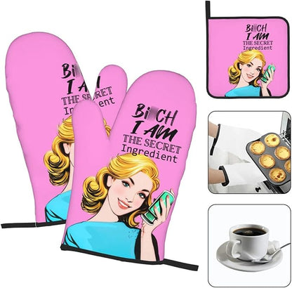 Funny Oven Mitts and Pot Holders Sets, Cute Pink Heat Resistant Oven Gloves and Hot Pads for Baking Cooking Grilling BBQ, Funny Kitchen Baking Gifts for Baker Chef Women