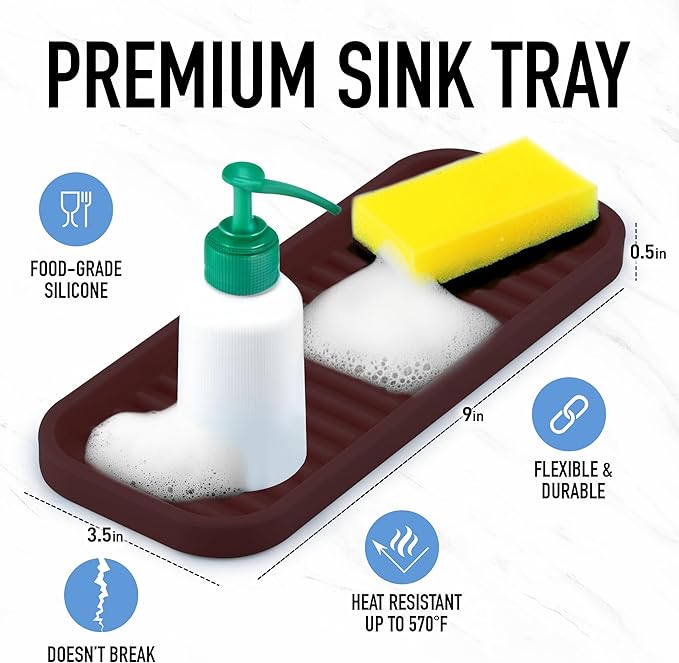 Zulay Kitchen (9x3.5) Silicone Sponge Holder for Kitchen Sink - Flexible Multipurpose Soap Tray - Sink Organizer for Kitchen, Bathroom, Makeup, Trinkets & More (Dark Mahogany) - Image 2