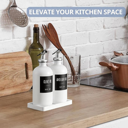 Olive Oil Dispenser Bottle for Kitchen, 16oz Glass Oil and Vinegar Dispenser Set with Wood Tray & 54 Labels - White Cooking Oil Bottles for Kitchen - Coffee Syrup Dispenser - Set of 2 - Image 4