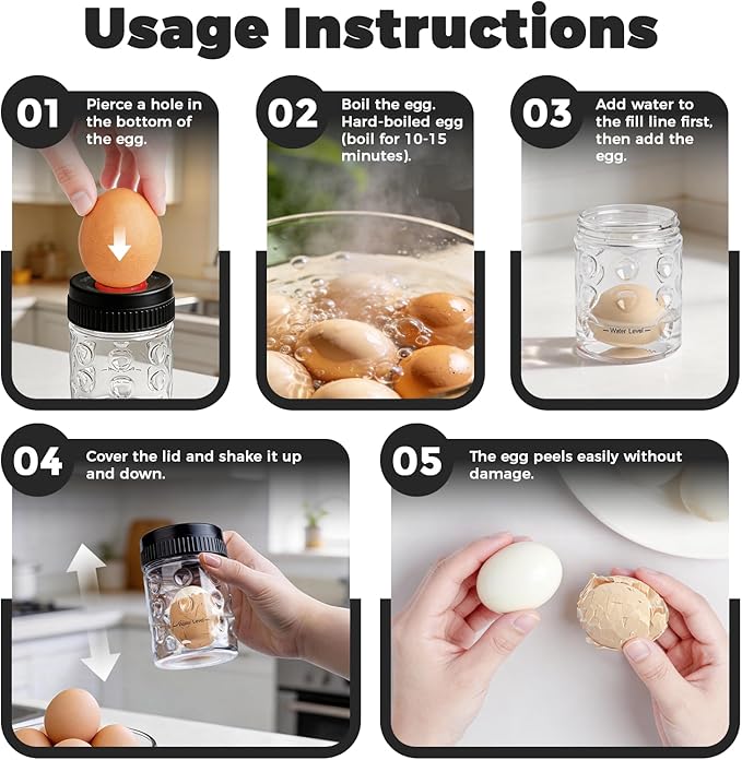 2 in 1 Egg Peeler with Piercer, Hard Boiled Egg Shell Remover Tool with Rotary Lock & Leak-Proof Design, Clear Egg Peeler for Meal Prep, Fitness, Camping & Deviled Eggs, Easy to Use & Clean (Black)