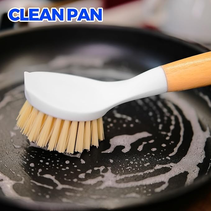 Holikme 3 Pack Dish Brush Set with Bamboo Handle, Kitchen Cleaner for Cleaning Pot, Pan, Sink and Stove, Scrubber with Medium Bristles, Yellow - Image 2