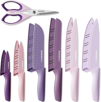 Astercook Knife Set, 13 Pieces Kitchen Knives Set with Healthy Anti-Rust Coating, Dishwasher Safe, Stainless Steel Chef Knife Sets with 6 Blade Guards, Perfect Mothers Day Gifts for Kitchen Purple by Astercook