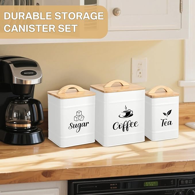 Maxdot 3 Set Coffee Sugar Tea Containers, Square Airtight Kitchen Canisters Storage Ground Organization with Bamboo Lids Rustic Metal Jars for Coffee Bar Beans, Tea Leaves, Food, Countertop(Cream) - Image 6